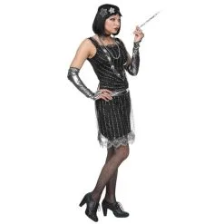 Jourdefete Déguisement Femme – Robe De Charleston Noire Et Argentée – Avec Bandeau Et Gants – Taille Au Choix -Déguisement Originaux Soldes deguisement femme robe de charleston noire et argentee avec bandeau et gants taille s 1